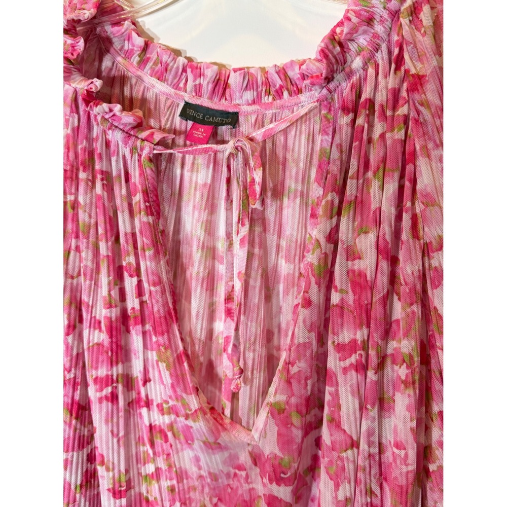 Vince Camuto Pink Floral‎ Pleated Mesh Blouse Top Women's 3X Long Sleeve Ruffle - Picture 3 of 6